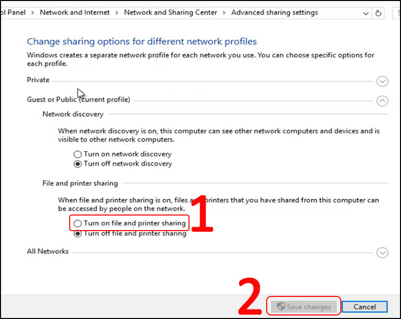 Bật chế độ chia sẻ với m&aacute;y in